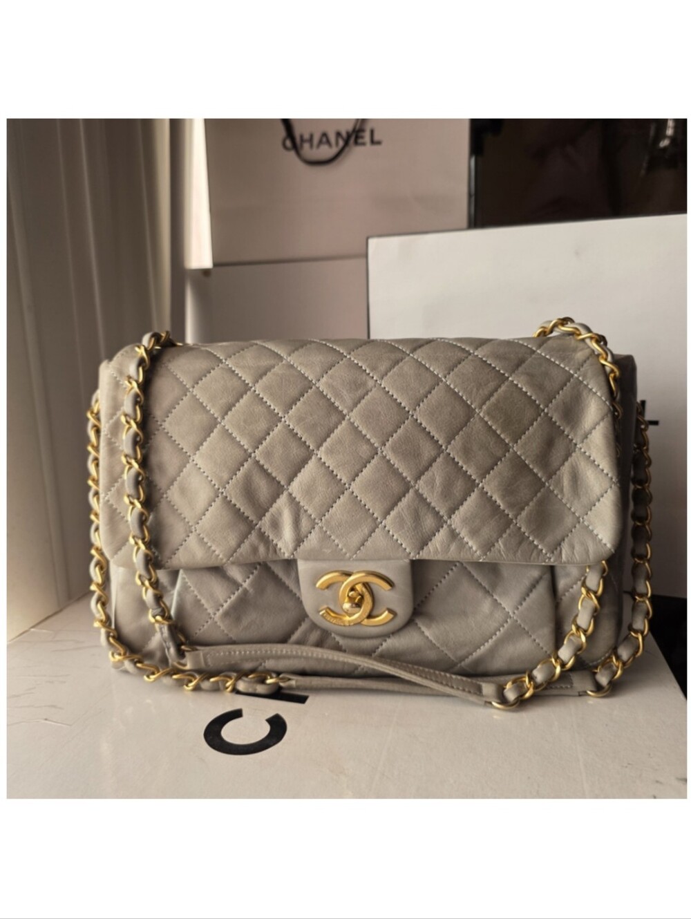 Authentic Chanel Heather Grey Iridescent 'Chic Quilt Bag' Flap
